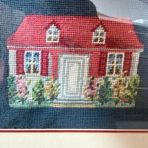 Vintage Framed Needlepoint Art - Red Cottage House‎ - Professionally Double Mat